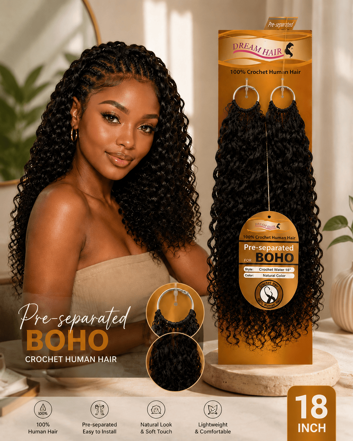 Dream Hair Health & Beauty Dream Hair Crochet Human Hair Water Wave Natural Color 14"/18"