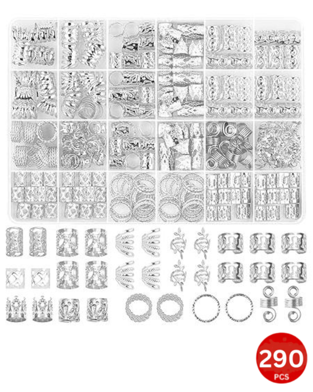 Dreamfix Health & Beauty Dreamfix 290Pcs Hair Rings & Bead Jewelry 11 Style Silver