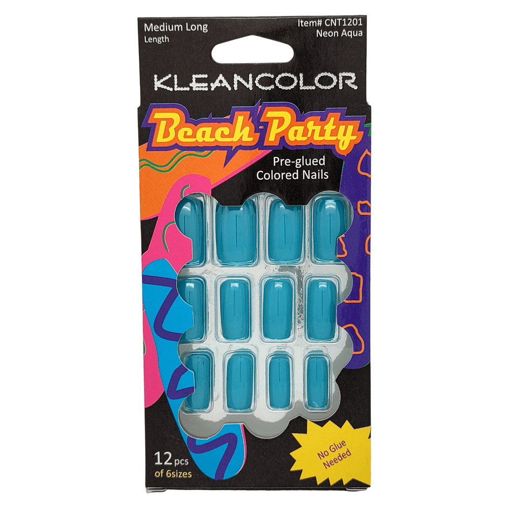 Kleancolor Health & Beauty Beach Party Nails Medium Long Neon Aqua #CNT1201 Kleancolor Beach Party Pre-glued Colored Nails 12 Pcs of 6 Sizes