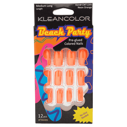Kleancolor Health & Beauty Beach Party Nails Medium Long Neon Orange #CNT1205 Kleancolor Beach Party Pre-glued Colored Nails 12 Pcs of 6 Sizes