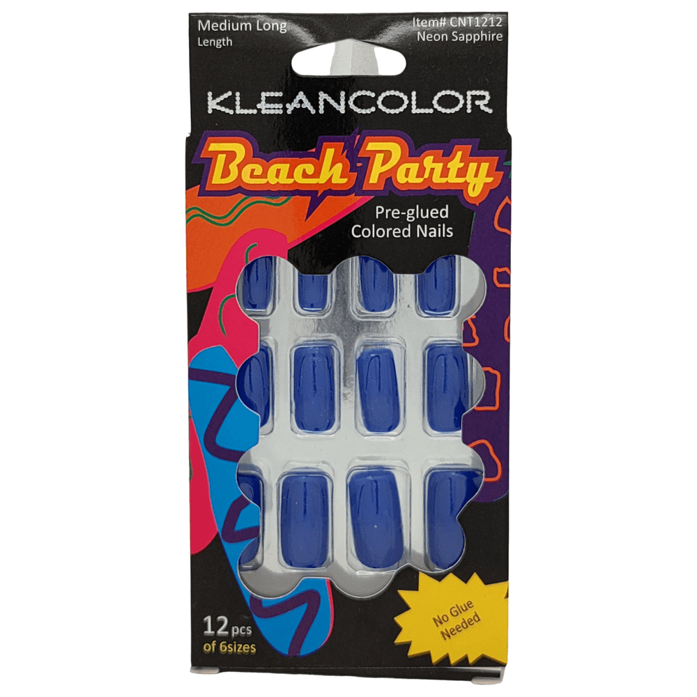 Kleancolor Health & Beauty Beach Party Nails Medium Long Neon Sapphire #CNT1212 Kleancolor Beach Party Pre-glued Colored Nails 12 Pcs of 6 Sizes